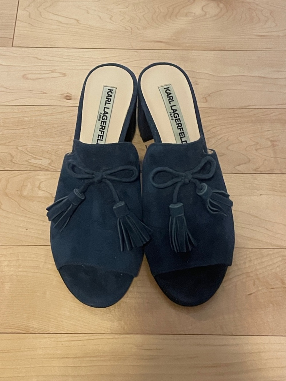 Karl Lagerfeld Navy Suede Tassel Open-Toe Mules